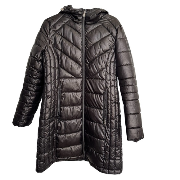 Kenneth Cole Cinched Waist Puffer Jacket Women’s Size S Black Long Hooded - Picture 1 of 6